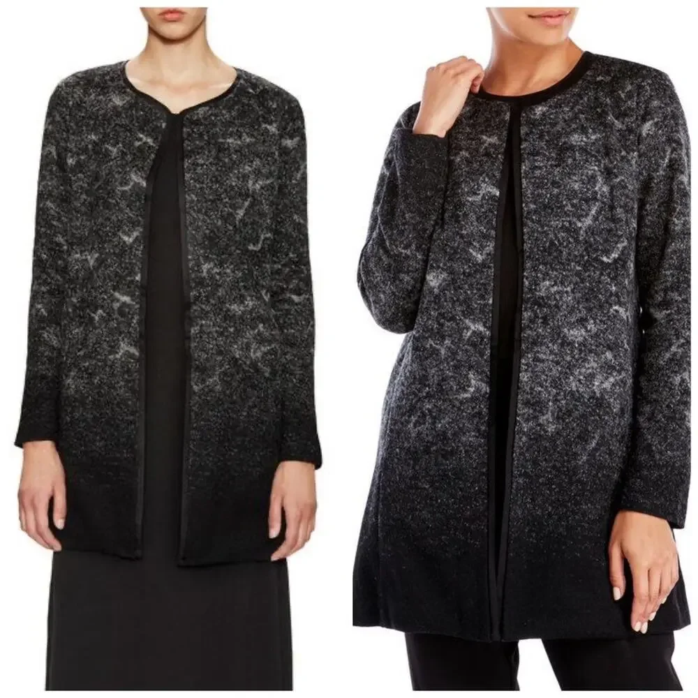 Eileen Fisher Black Sprinkle Felted Wool Silk Open Front Jacket
